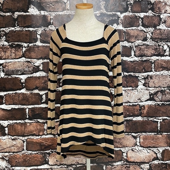Ella Moss Tunic Top Hi Low T-Shirt Stripes Brown Black Gold Size Small - Picture 4 of 12